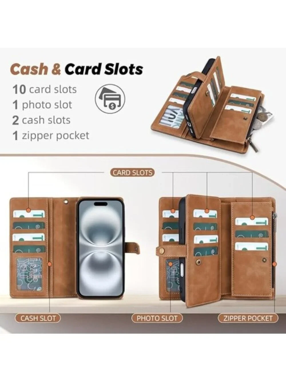 🆕Brown PU Leather Wallet Case for iPhone 16 – Magnetic Detachable 6.1